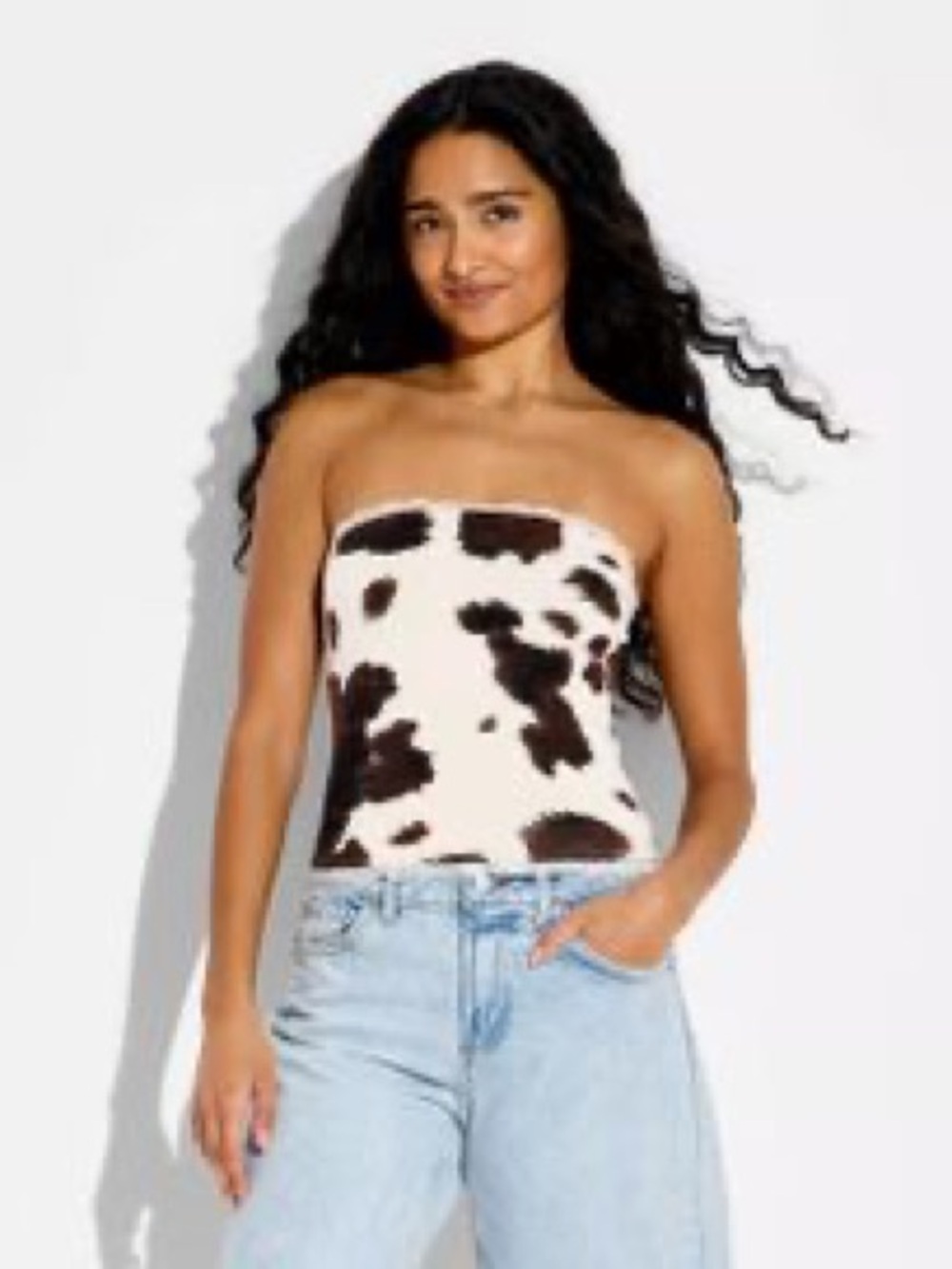 Cow Print Strapless Tube Top - Brown & White